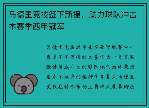 马德里竞技签下新援，助力球队冲击本赛季西甲冠军