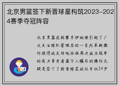 北京男篮签下新晋球星构筑2023-2024赛季夺冠阵容